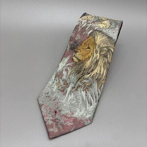 Vintage Endangered Wildlife by Cravateur African Lions Silk Mens Necktie Red 58"